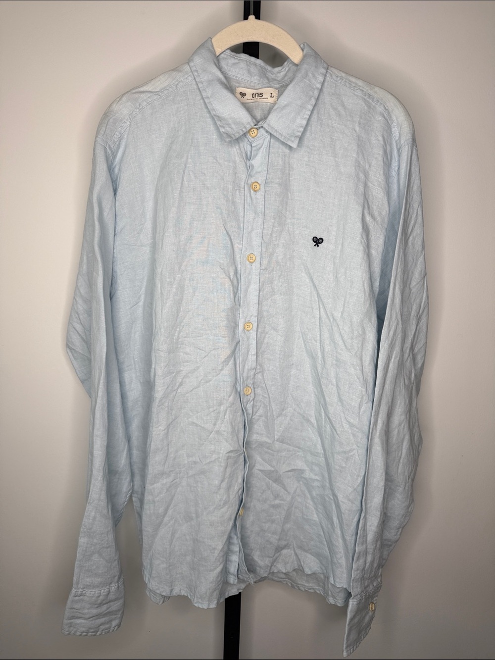 Men's Light Blue Casual Button-Down Shirt with Subtle Chest Emblem